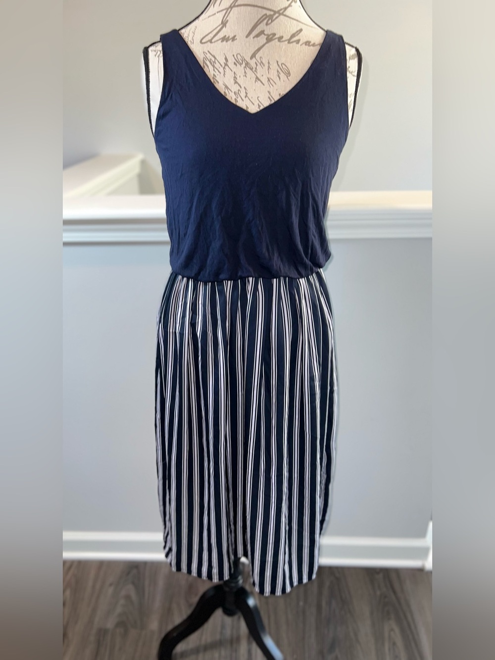 LOFT Petites Navy Striped Sleeveless Midi Dress Size SP
